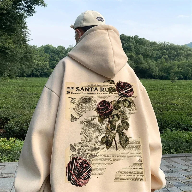 

Men's Oversized Hoodie White with Hat 5XL Fashion Hoodies Oversize for Men Rose Print Man Casual Wear Hoody Male Sweatshirt