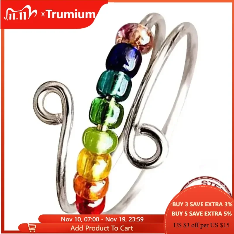 

Trumium 925 Sterling Silver Boho Rainbow rings for women Spinnning Anxiety Beaded Wind Wire Rotatable Fidget Ring Adjustable