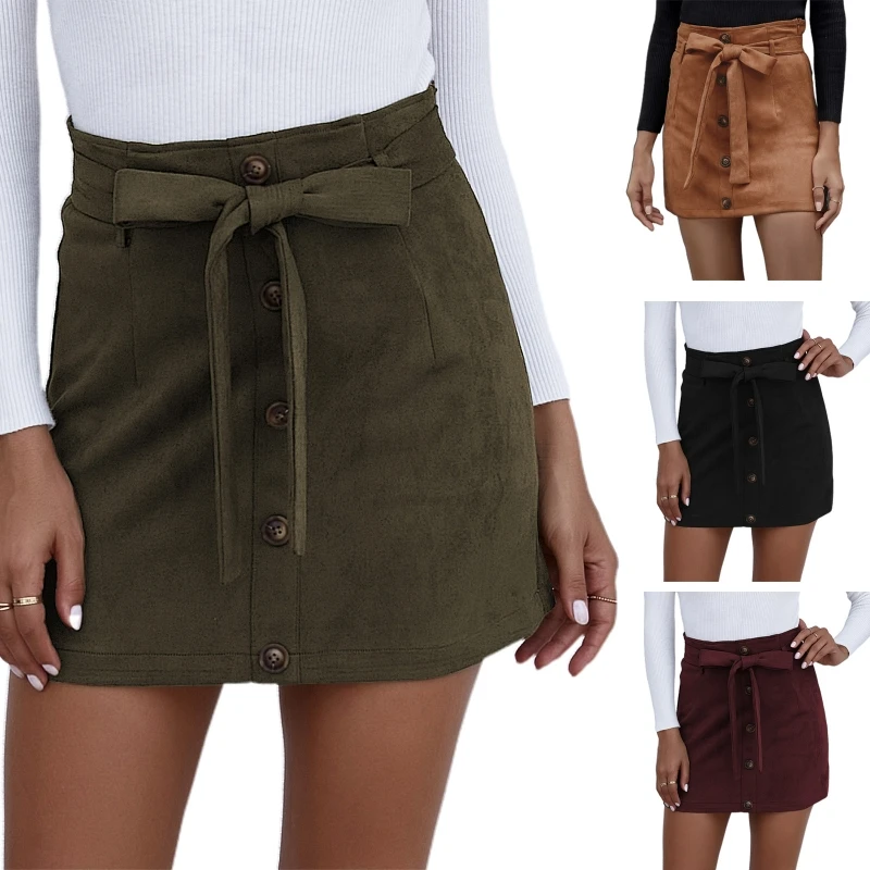 Women Summer High Waist Button Front Belted Slim Mini Pencil Skirt Simple Solid Color Self Tie Casual Slim Fitted A-Line Party