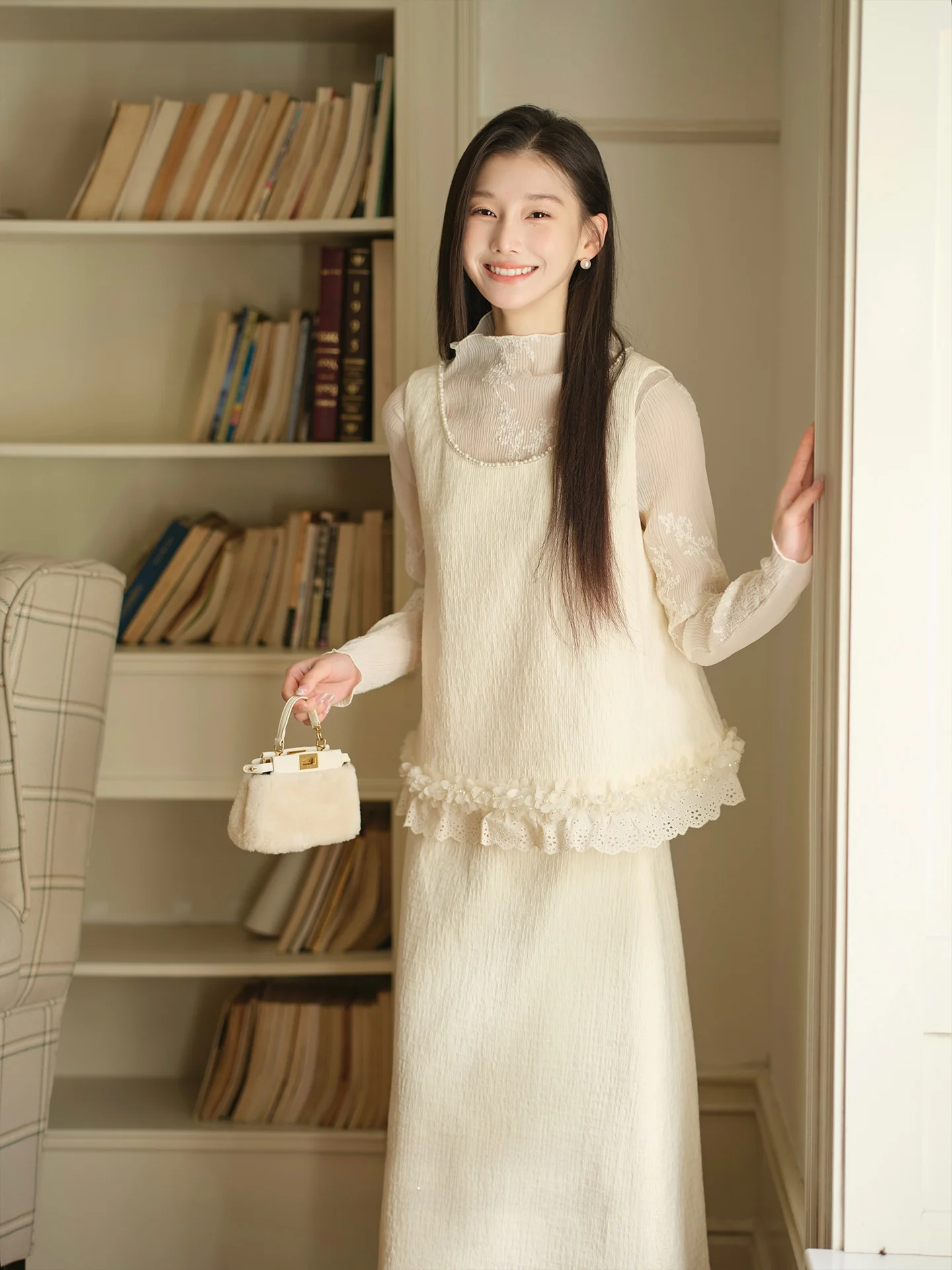 

Ele Lace Outfit Women's Fairy Vest Skirt Tee-piece Set ort Sve round Ne Open Cardigan Spring Faion Set