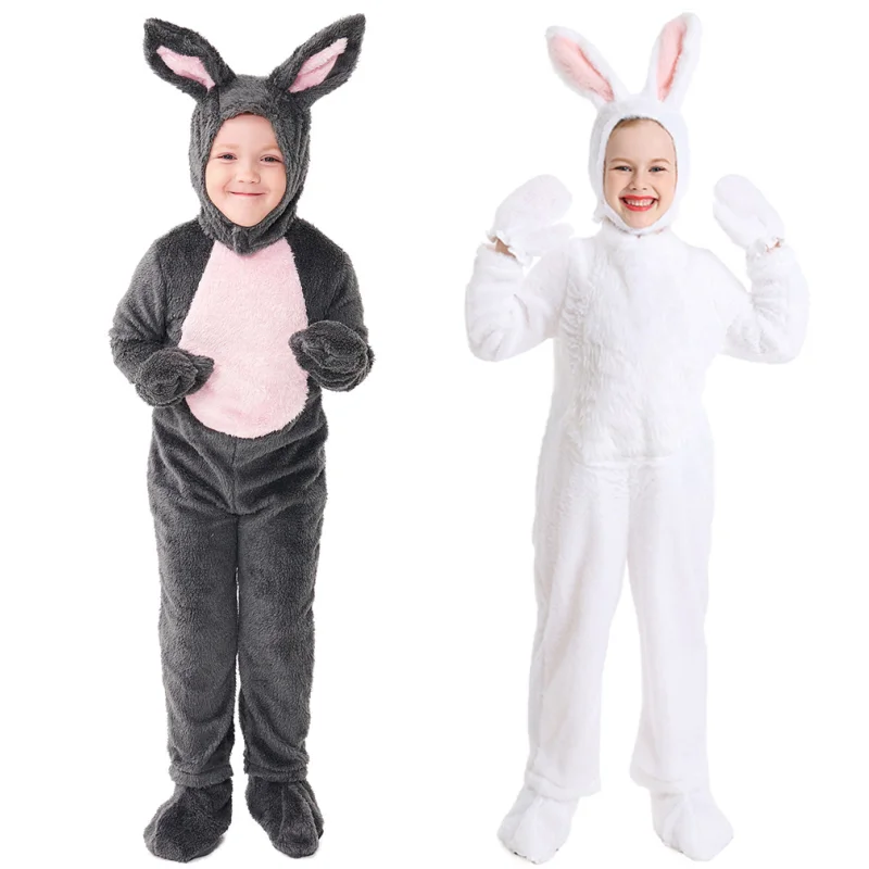 Kids Onesie Bunny Costume for Boys Girls Deluxe Cute Christmas Animal Gray White Rabbit Cosplay Bodysuit Flannel Hooded Suit NEW