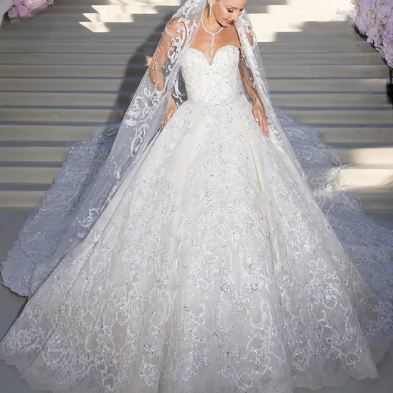 Customized Shiny ivory white Ball Gown Royal Wedding Dresses Sweetheart crystal Lace Vestido De beads Made Robe De