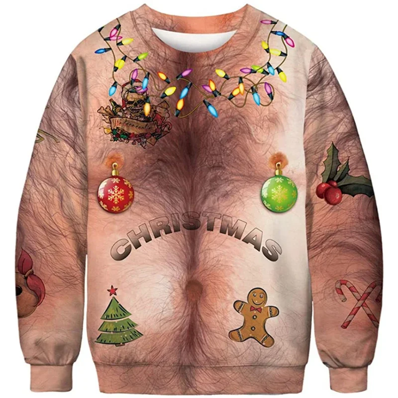 Ugly Christmas Pattern Sweatshirts For Men Novelty Funny Fashion 3D Printed Pullover Loose Hoodies Long Sleeves Round Neck Tops