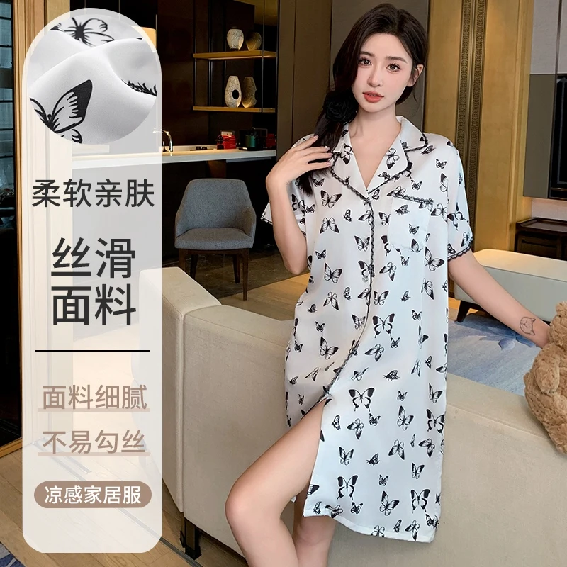 2024 Summer Silk Satin Short Sleeve Sexy Leopard Nightgowns for Women Korean Loose Sleepwear Nightdress Night Dress Home Nighty