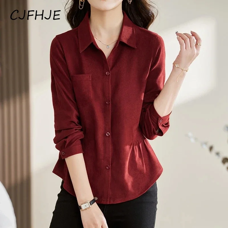 CJFHJE-camisas lisas ajustadas para mujer, Blusa de manga larga con cuello vuelto, botonadura única, color rojo vino, botones, primavera y otoño