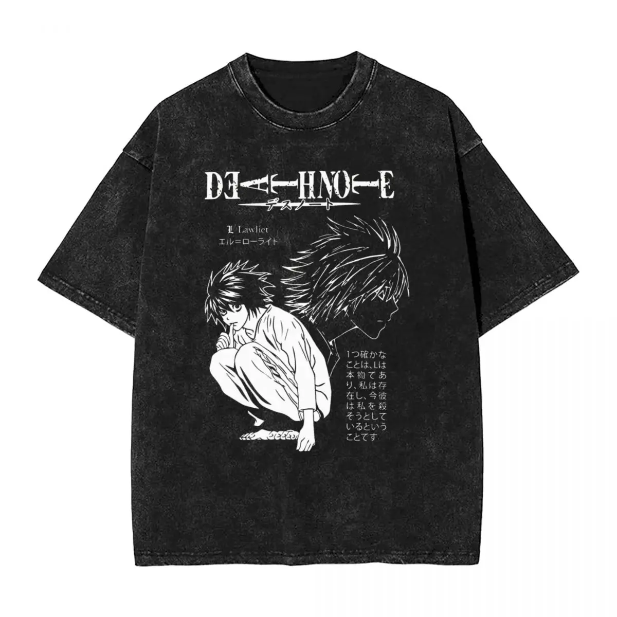 

L Lawlet Japanese Death Note Anime T Shirts Hip Hop Washed Cotton Street T-Shirt Vintage Men Tops Streetwear Summer Tee Shirt