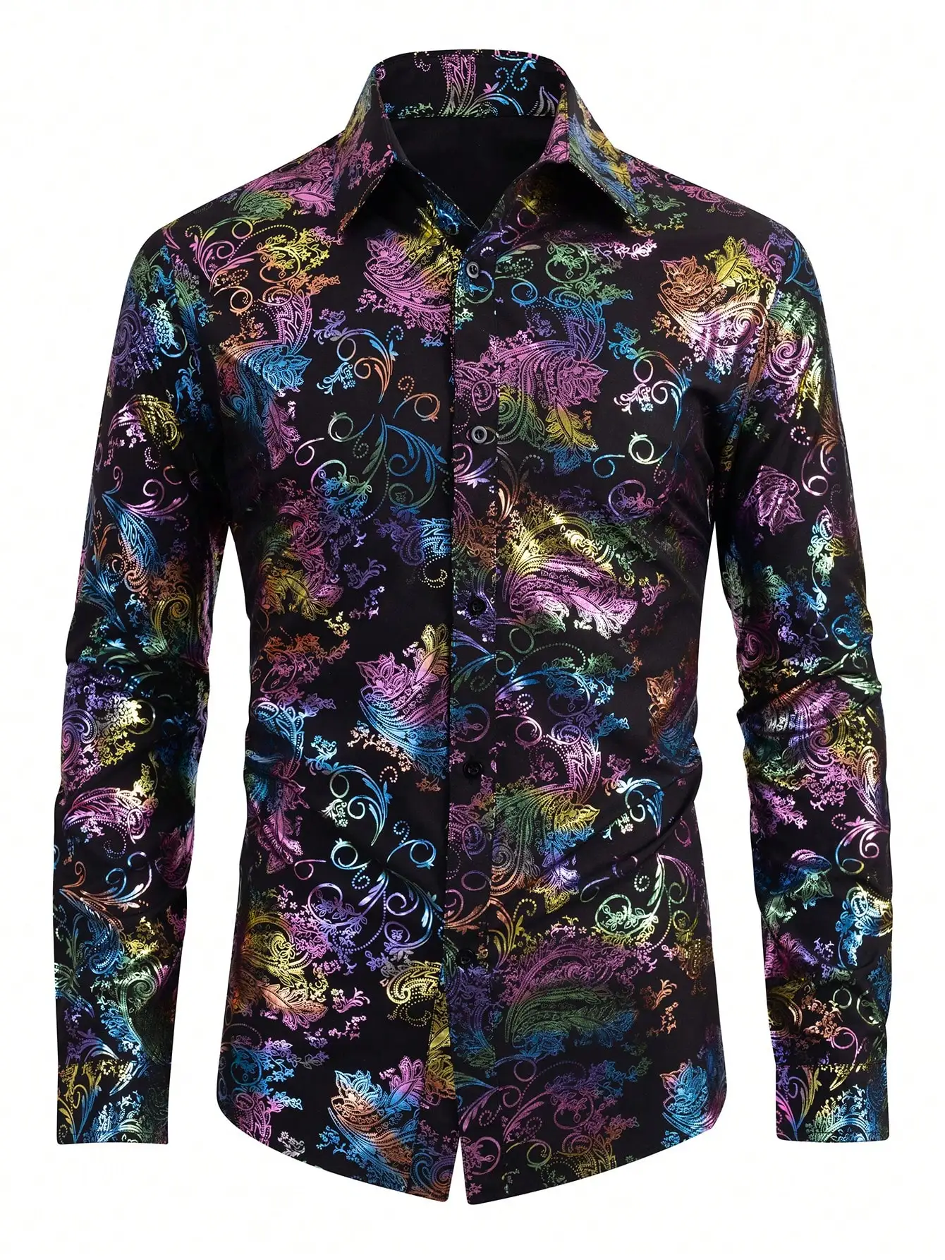 

Men's Long Sleeve Button-Front Shirt with Rainbow Paisley Print, Casual Fit for Fall