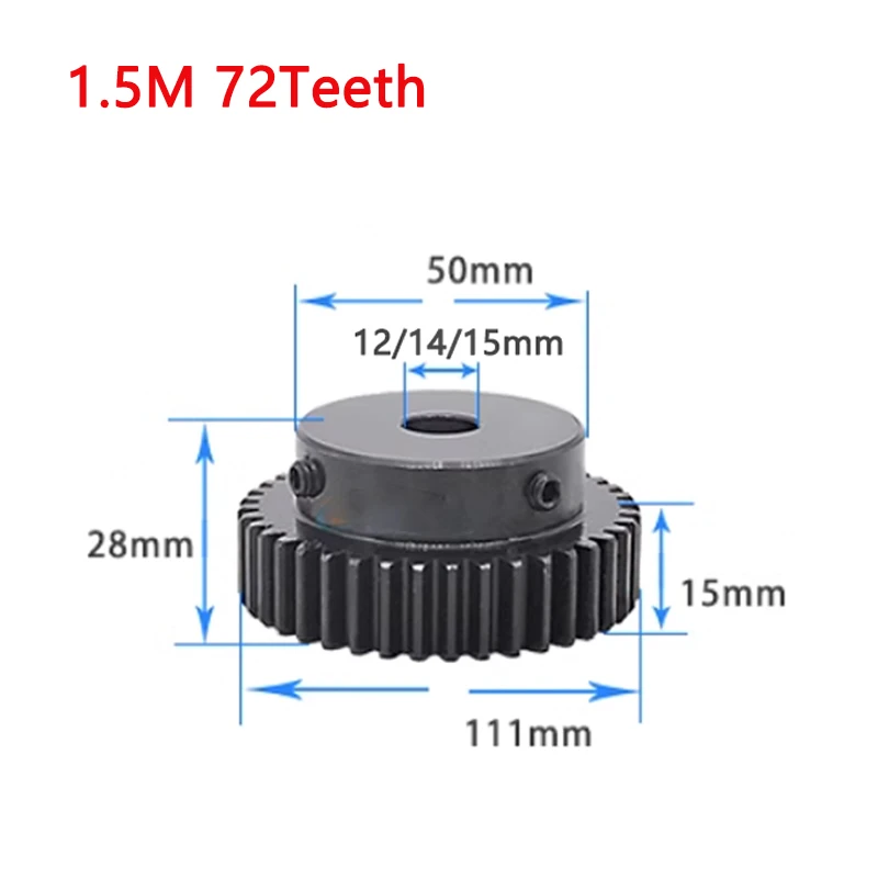 1pc 1.5M 72 Teeth Spur Gear with Step Bore Size 12mm 14mm 15mm 45# Steel Blackening 1.5 Mod 72T Drive Transmission Gears