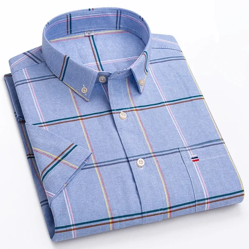 Men's high-quality Oxford cotton short sleeved shirt for summer comfort breathable classic solid color plaid business leisure