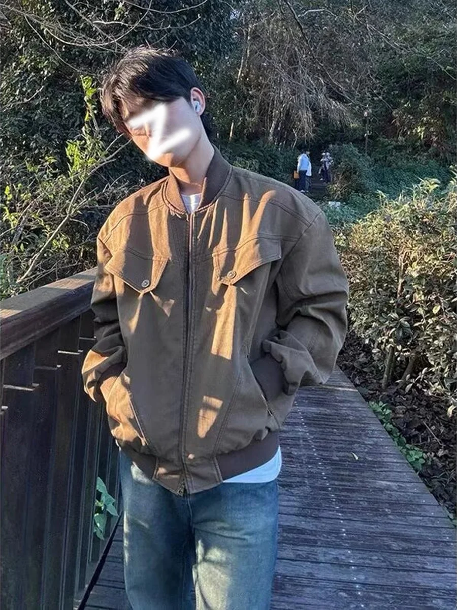 

Retro American Workwear Jaet Loose Fit Men's Patchwork Outerwear Autumn Winter Faion Brand Youth ular Polyester Fiber