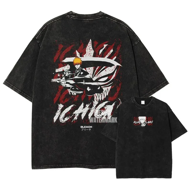 

Hot Anime Bleach Zaraki Kenpachi Printed Washed Tshirt Men Manga Vintage T-shirts Casual Cotton sweatshirt Streetwear Plus Size