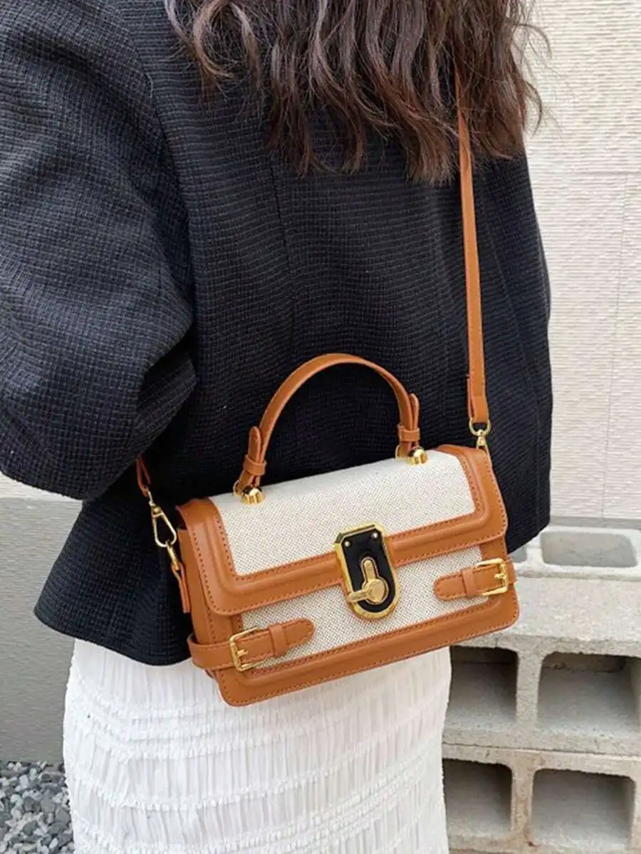 Damen Retro Ästhetische Umhängetaschen Spleißen Messenger Bags Quadratische Metallschnalle Umhängetaschen