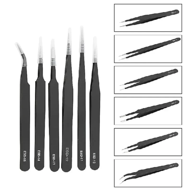 6pcs Precision Tweezers Set ESD Anti-Static Stainless Steel Tweezers Repair Tools for Electronics Repair Soldering Craft Tools