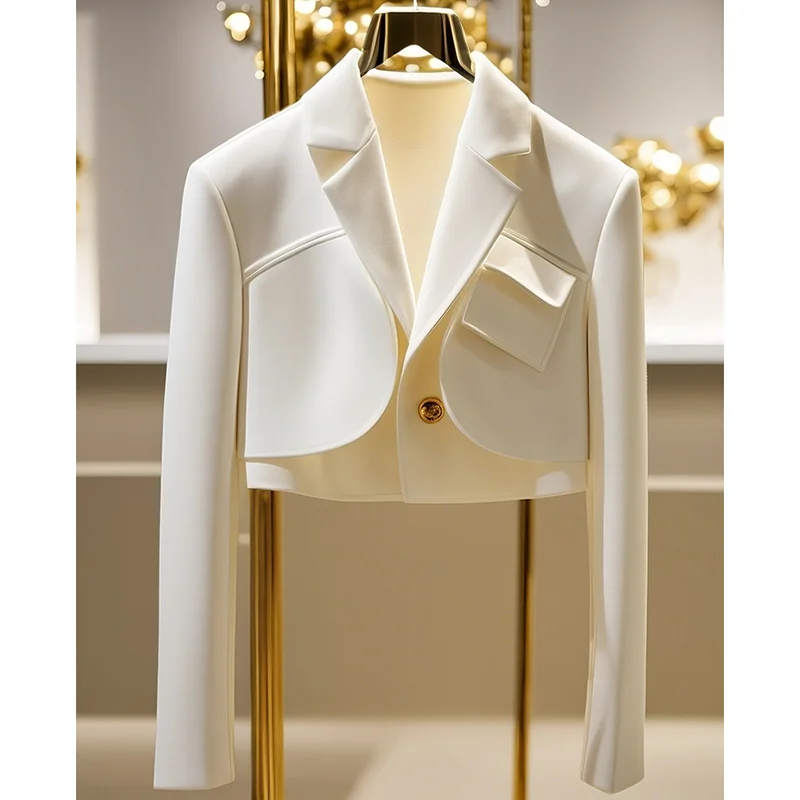 سترة نسائية بيضاء بأكمام طويلة وطية صدر السترة سترة غير رسمية أنيقة بدلة قصيرة معطف خريف 2025 موضة Y2K ملابس خارجية للسيدات
