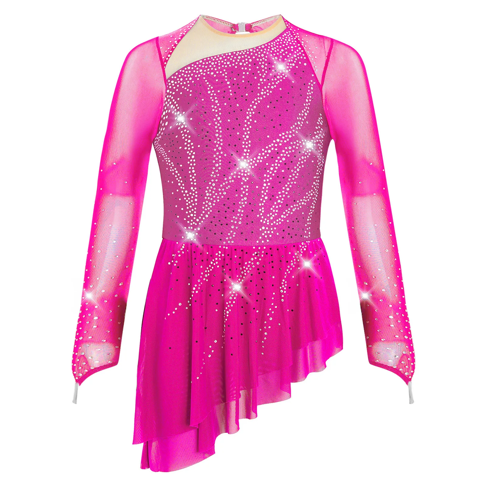Mädchen Gymnastik Eiskunstlauf Modernes Ballett-Trikot Lyrisches Tanzkostüm Transparentes Netz Glitzernde Strass-Leotards Kleid – Detail 21