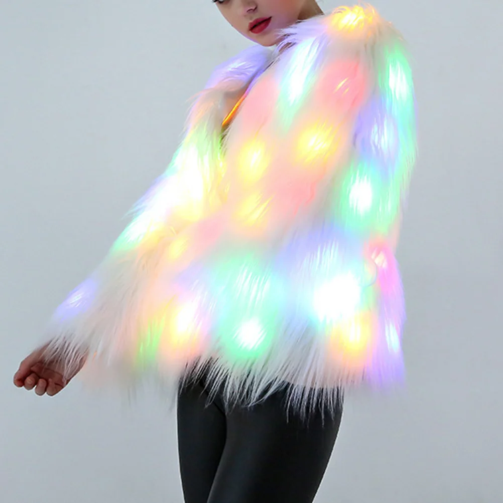 Sparkling Fur Coats for Women LED Outerwear Short Crop Jacket White with Women's Jackets Party Led Coat Nightclub Outwear Dancer