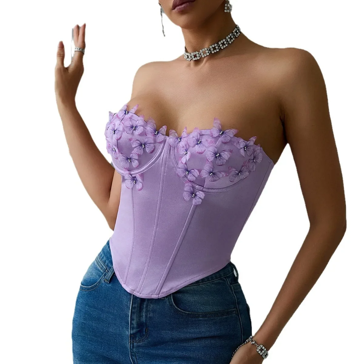 ISAROSE Purple Corset for Women Sexy Satin Fabric Sleeveless Stretch 3D Butterfly Rhombus Party Night Club Braless Crop Tops