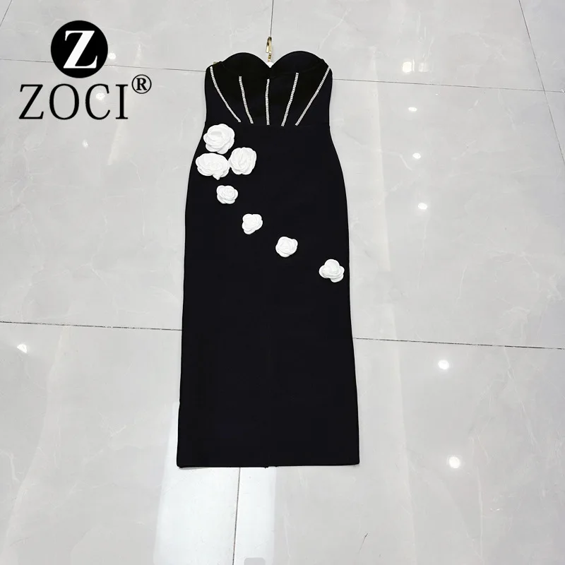 

[zoci] Australian Strapless Diamond Embellished Flower Embellishment Black High-end Bandage Evening Dress A3#8861