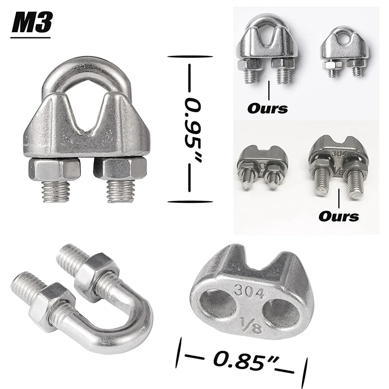 4-Pcs Turnbuckle/Tension(Eye&Hook, M6) Metal Turnbuckle 16-Pcs 1/8 Inch Wire Rope Cable Clip/Clamp(M3), 8-Pcs Thimble(M3) Kit