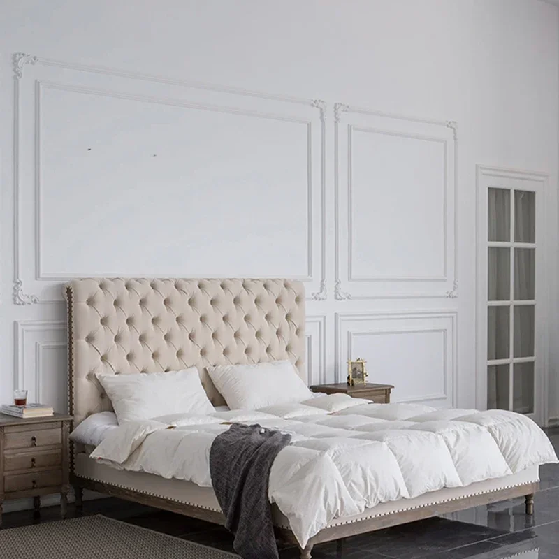 

American Country Solid Wood Single Double Bed Vintage Log Simple Fabric Bed
