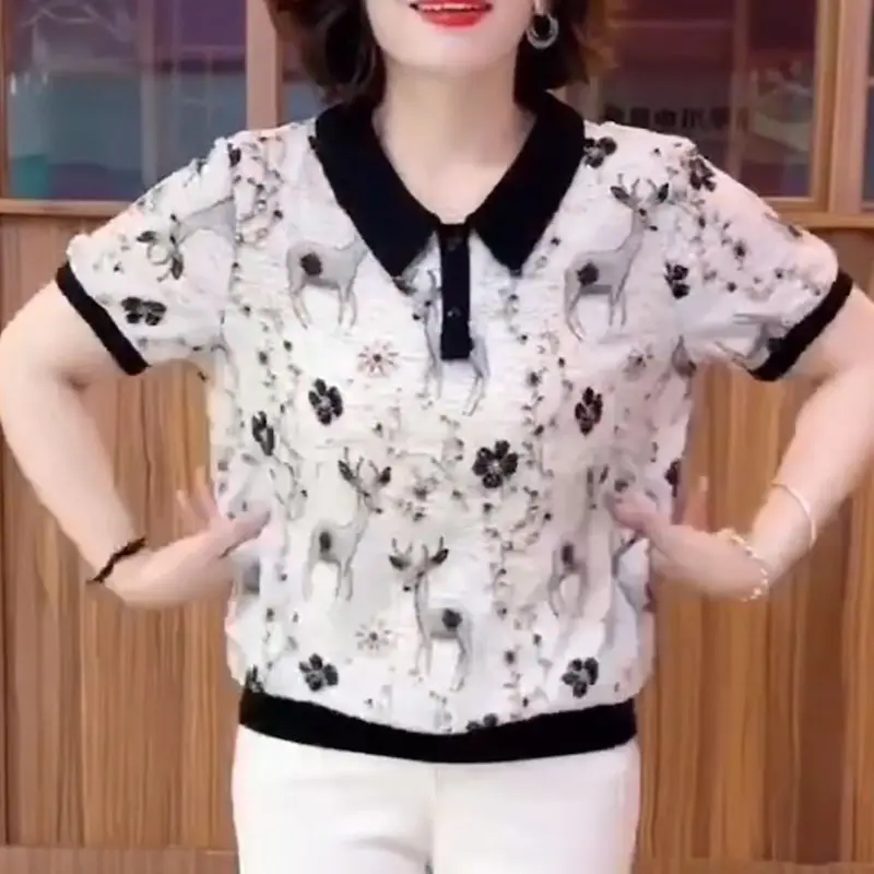 

Elegant Lapel Printed All-match Polo Shirts Women's Clothing Summer New Loose short Sleeve Chic Tops Office Lady Tee Shirt