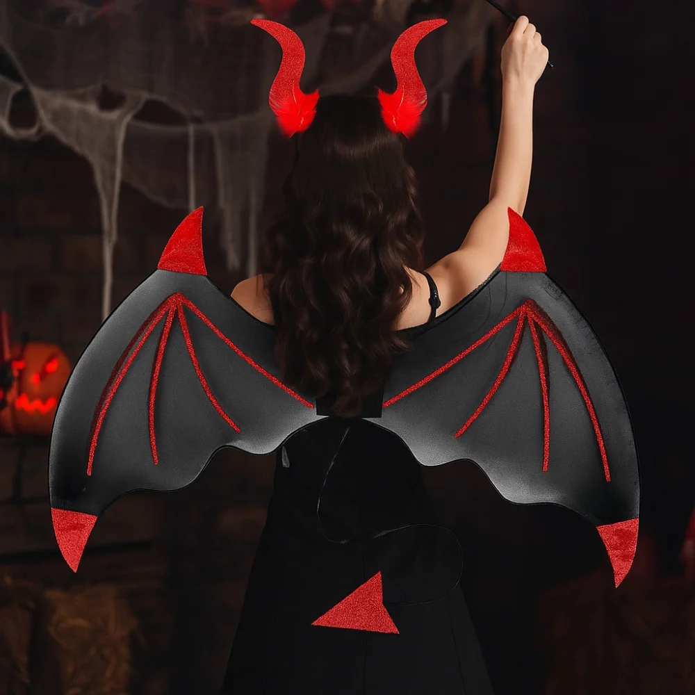 3Pcs/Set Funny Halloween Cosplay Props Bat Wings with Tail Demon Horn Hair Band Halloween Costume Accessories Party Wand