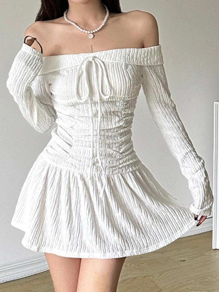 Pure Desire French Style Dress Bow One-Shoulder A-Line Long Sleeve Slimming Hot Smocked Waist Mini Slimming Elegant Dress