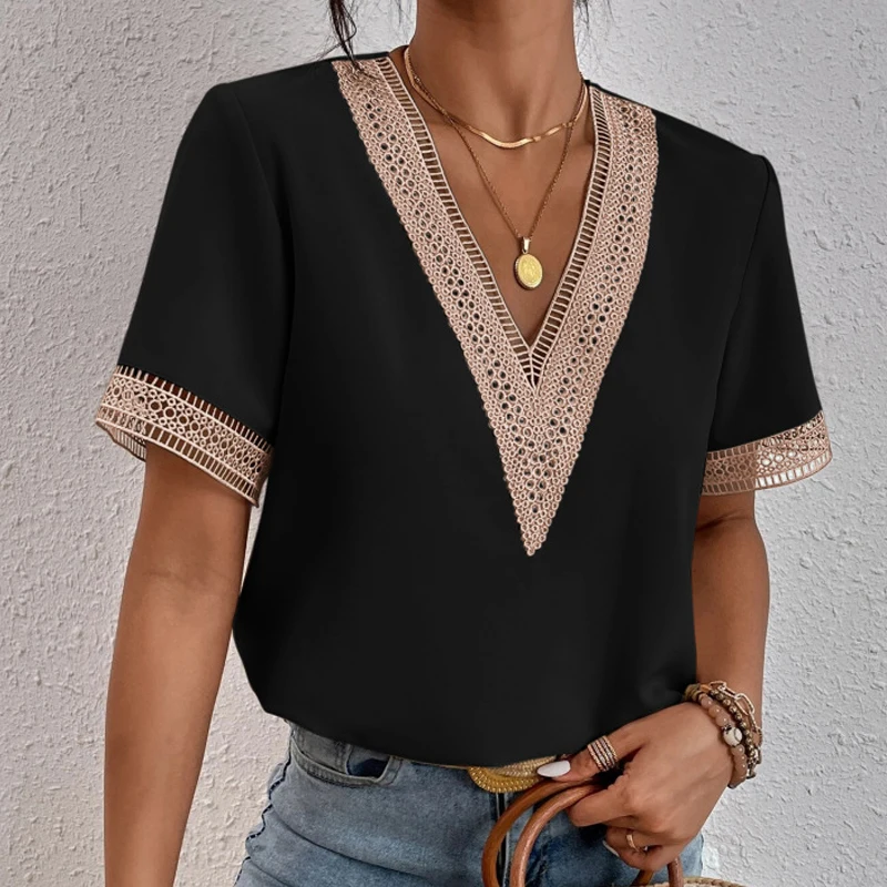 Summer Elegant Short Sleeve Lace Chiffon Blouse V Neck Office Lady 2024 Loose Woman Shirts Casual Tops Hollow Out Clothes 25125