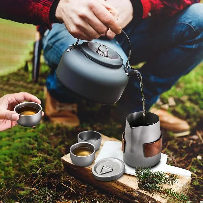 Tea Ceremony Camping Tableware Set With 3 Cups Lightweight Titanium Coffee Pot Tea Kettle For Outdoor Hiking Backpacking Picnic