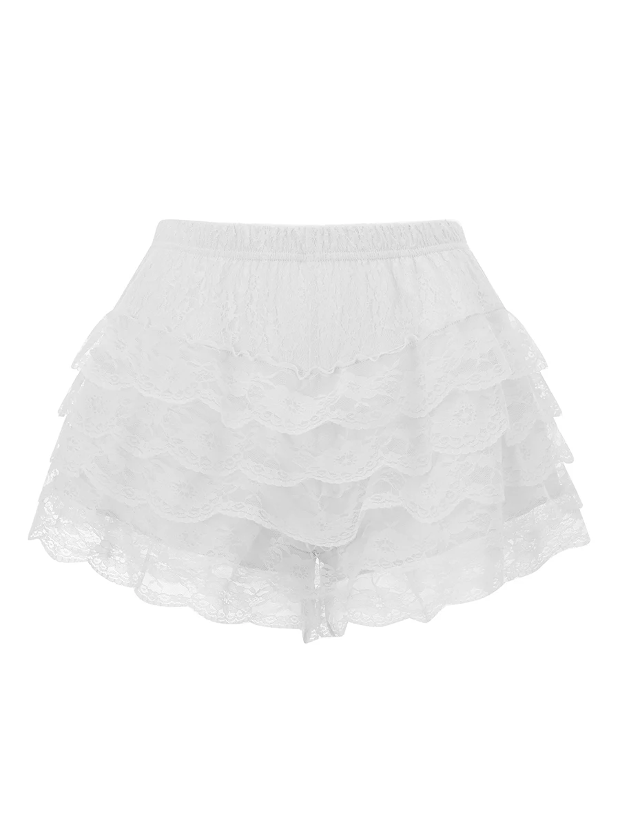 Pantalones cortos con volantes en capas para mujer, bombachos informales de encaje de color sólido con cintura elástica, ropa de Lolita