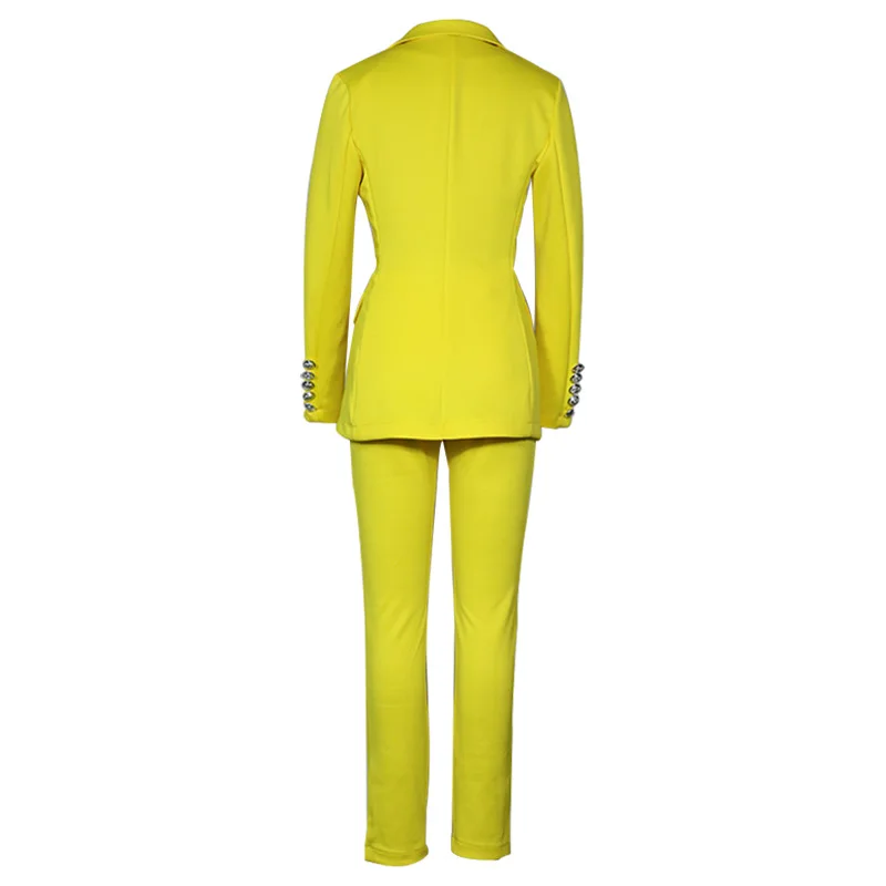 2023 Women Two Piece Suit Long Sleeve Coat And Pants Set Solid Color Blazer Single Button Yellow Blazers With Pants Sets Outfits