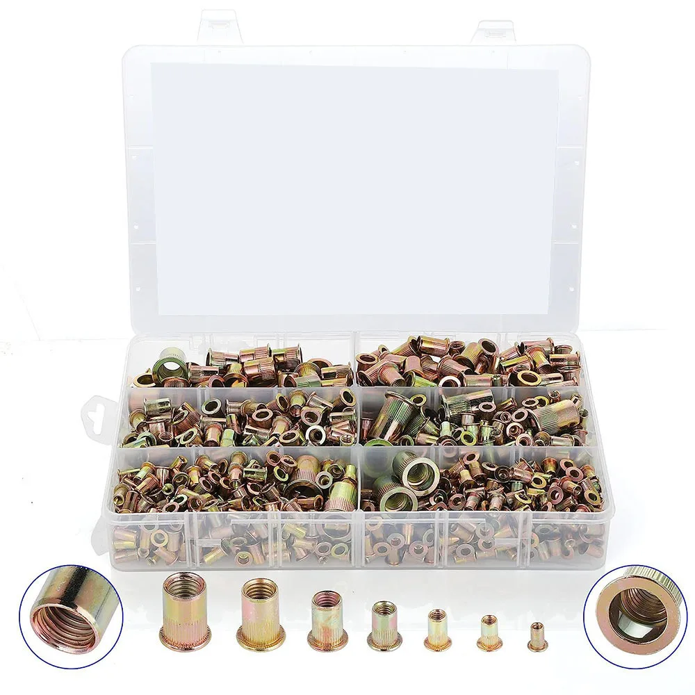 915Pcs Boxed 7 Sizes Imperial Galvanized Carbon Steel Flat Head Rivet Nuts Kit, Rivnuts Assortment