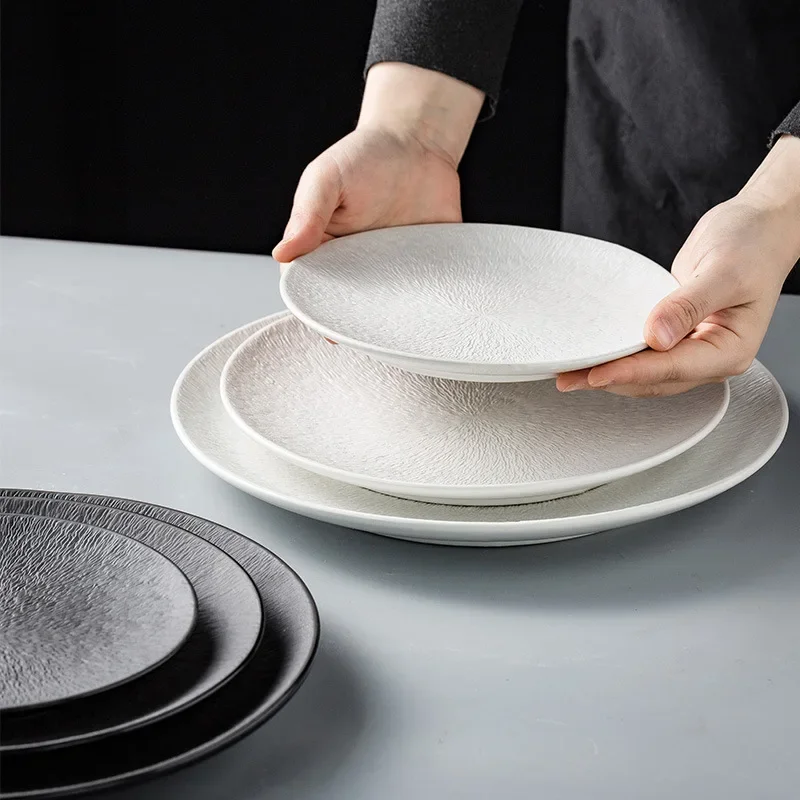 

Nordic Frosted Restaurant Western Food Plates Plain Circular Shallow Dinner Plate Salad Plate Black Ceramic Retro Steak Plate