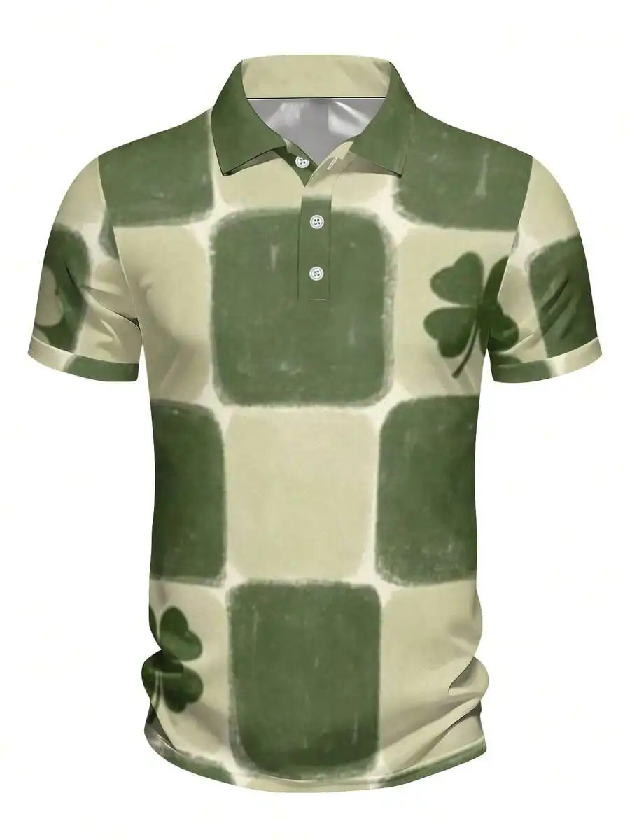 Mens Green Plaid And Four-Leaf Clover Print Shirt Casual Summer Top