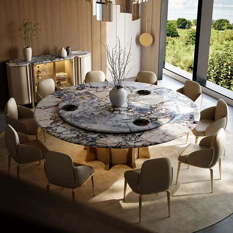 Y Walnut electric large round table with induction cooker rotatable marble dining table