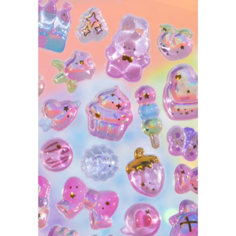 สติกเกอร์เจลลี่ 3 มิติ สีชมพูและสีม่วง ลายการ์ตูนน่ารัก สไตล์คาวาอี้ สำหรับเด็ก ตกแต่งสมุดภาพ ของเล่นคลาสสิก ของขวัญ