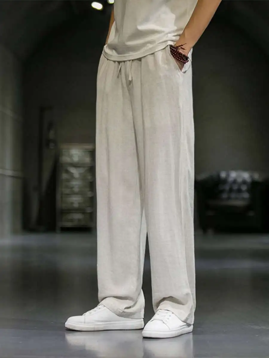 

Новые мужские летние тонкие дышащие свободные прямые брюки из хлопка и льна с широкими штанинами, большие размеры, повседневные брюки, удобный свободный крой