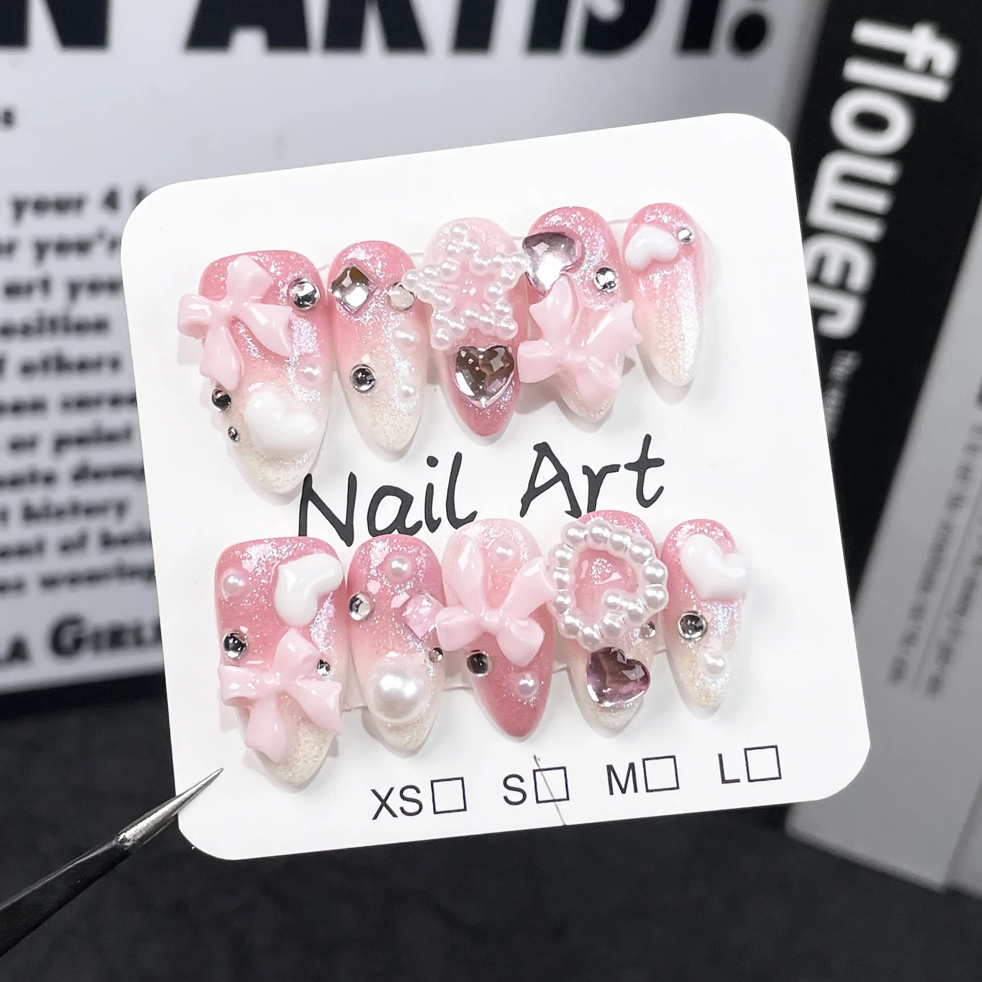 10 pçs artesanal gradiente y2k unhas falsas imprensa em unhas com glitter diamante pérola decoração longo amêndoa 3d arco unhas falsas wearable