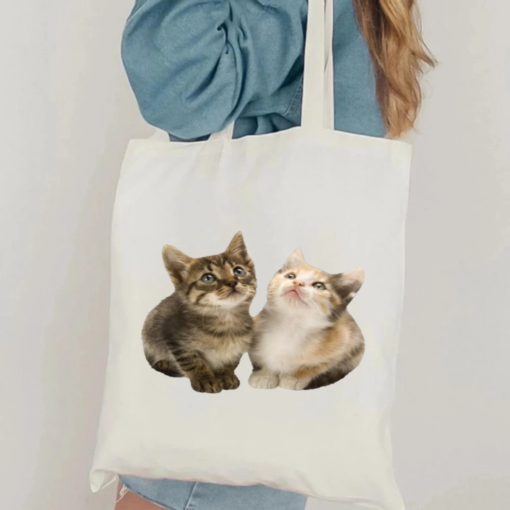 

Cute Cat Print Canvas Tote Bag, Large Capacity Single Shoulder Handbag Portable Aesthetic for Shopping Travel School Use
