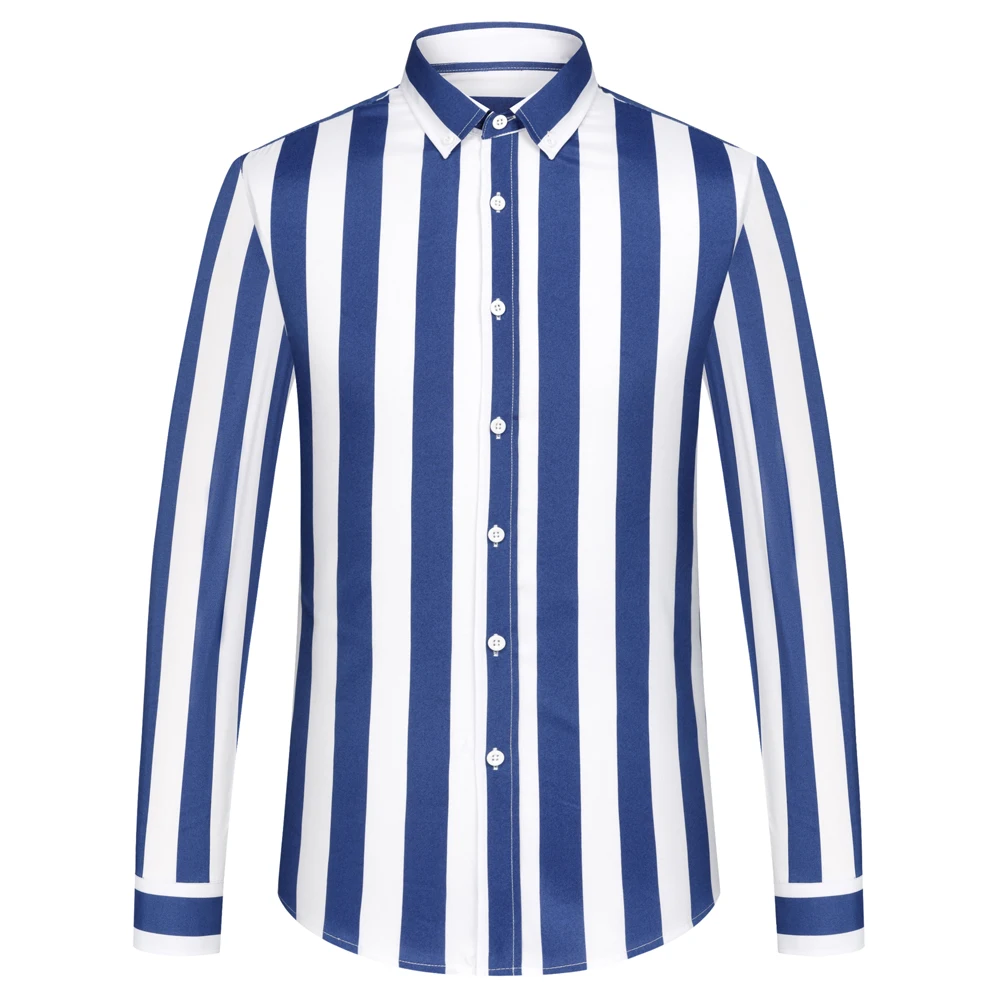 

Men's Fashion Long-Sleeve Button-Up Shirt with Color Block Stripes, Lightweight All-Season Comfort, Slight Stretch Casual Attire