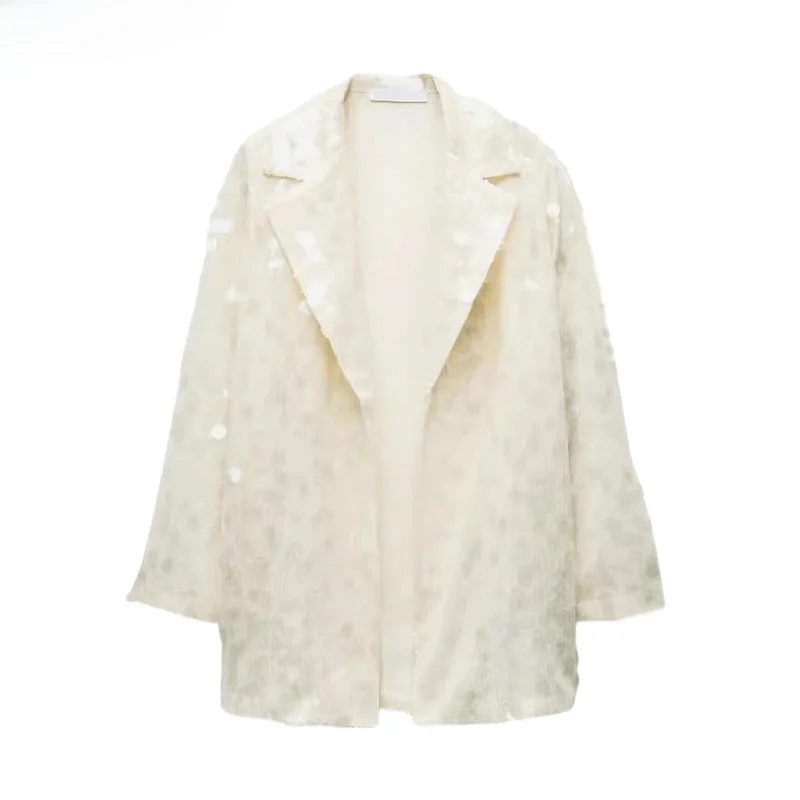 

New Summer Women's Long Sve awl Collar Embellied Thin Film Casual Open Front Suit Jaet Commute Sle Loose Fit