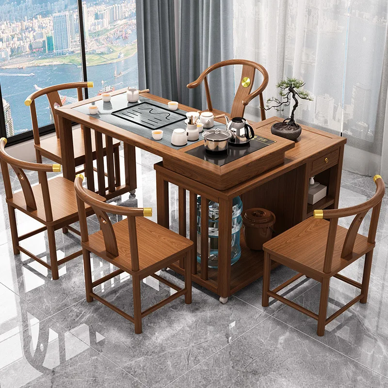 Movable rotating tea table Household tea cabinet Tea table Small apartment balcony Coffee table Kettle integrated   and chai
