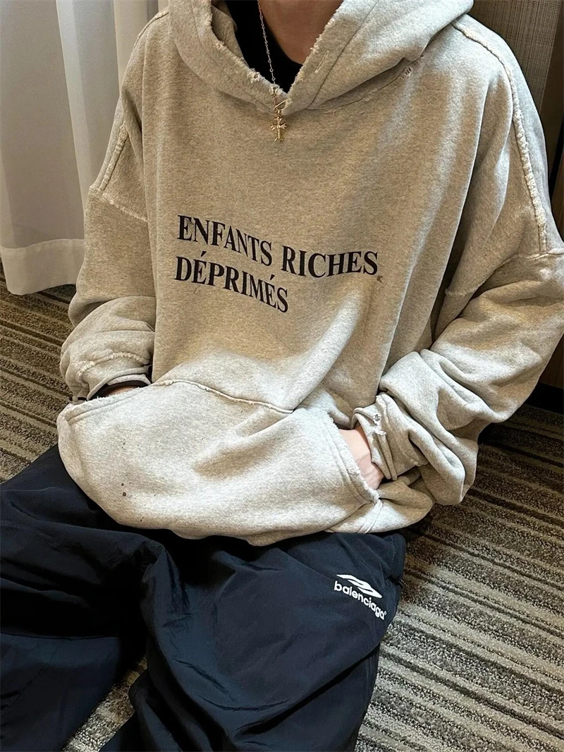 ERD High Quality Letter Slogan Printed Vintage Hoodie High Street American Casual Lazy Style Trendy Cotton Street Hip Hop Rock