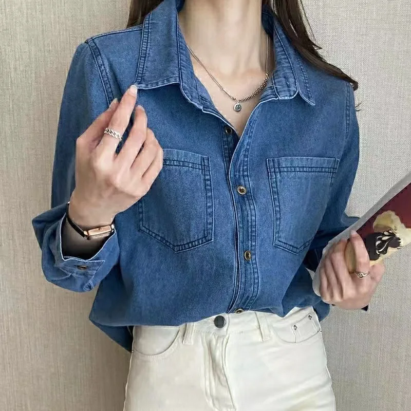 

Blue Denim Shirt Women 2025 Autumn New Single-Breasted Jeans Blouses Female Pockets Loose Fashion Lapel Cowboy Blusas