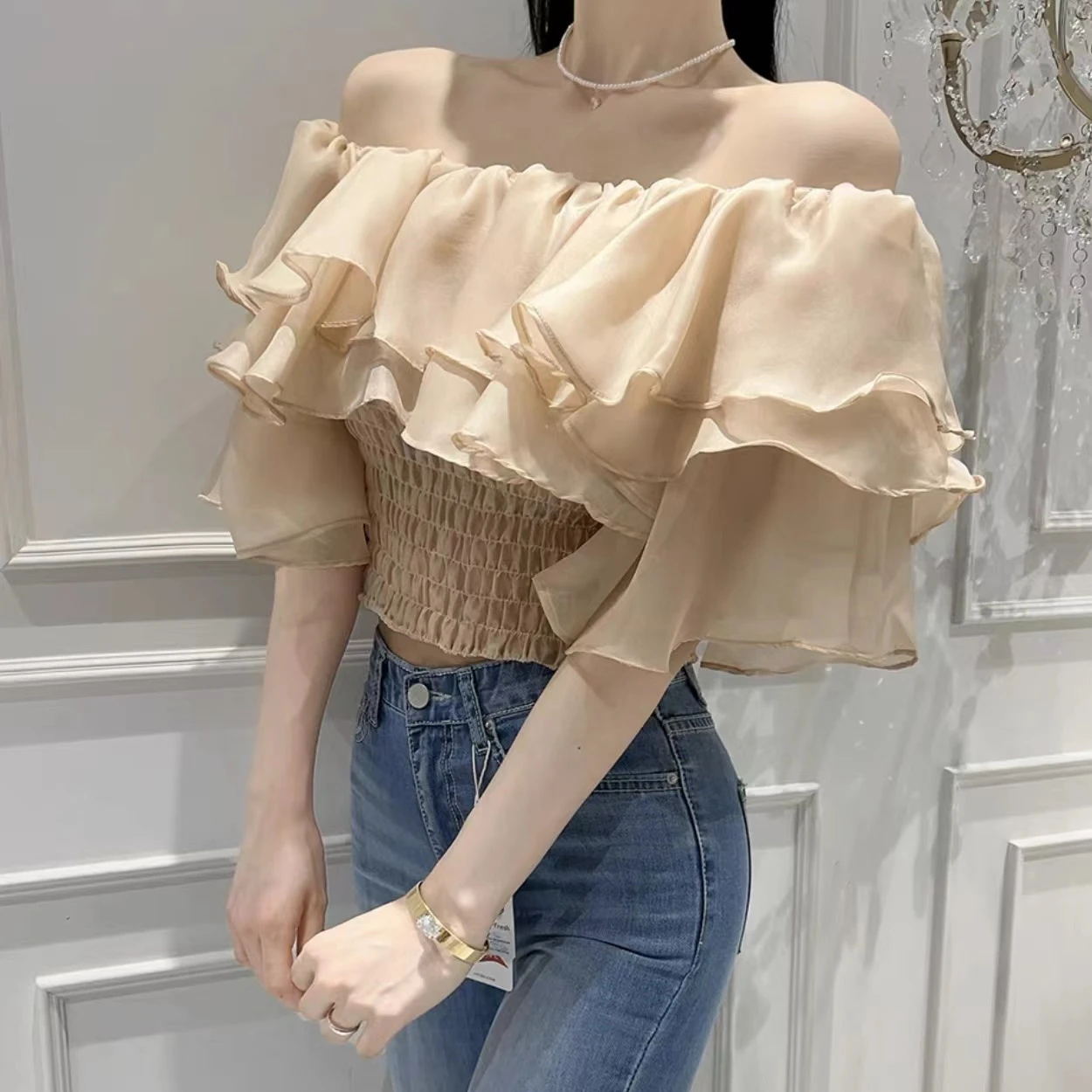 2023 Spring sexy sweet slash neck shirt Summer Fashion Lyocell Double Layer Lotus Collar Tops Lightweight rayon shirt plus size