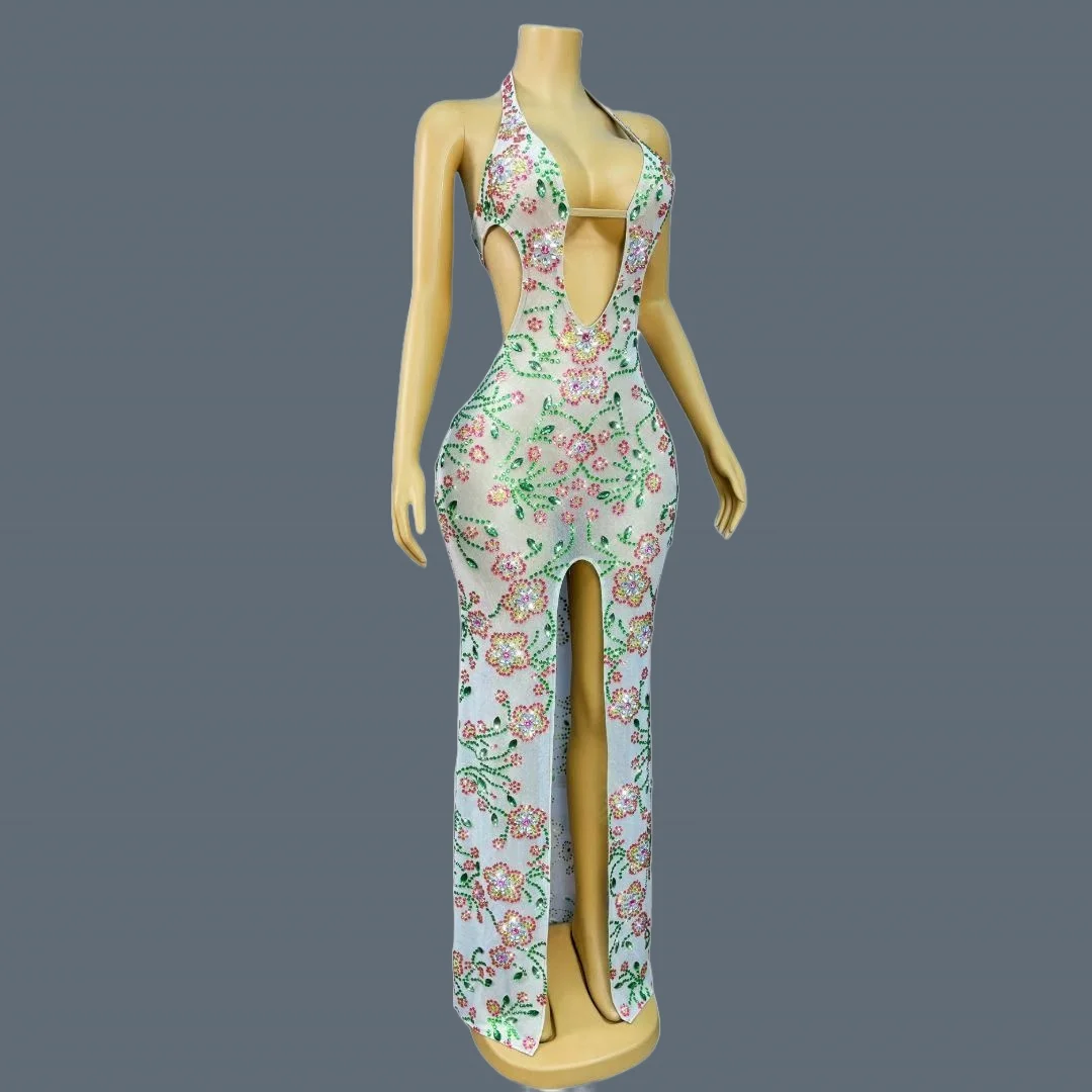 Luxury Sparkly Flower Rhinestone Sheer Mesh Evening Dress Prom Sexy Women Low-cut High Slits High-end Formal White Gown Lvhuaduo