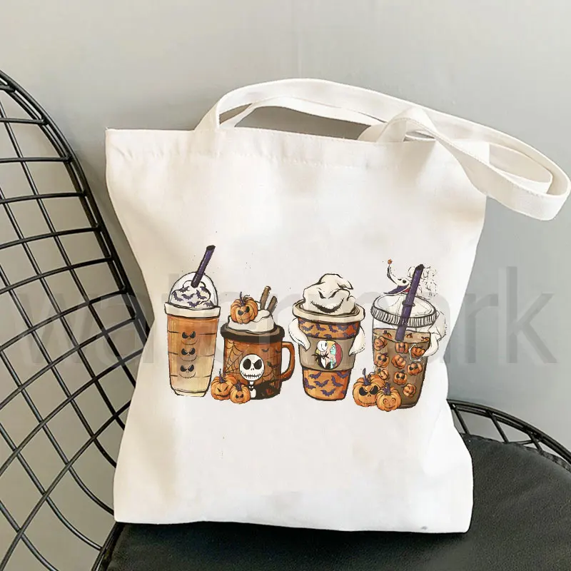 Halloween Pumpkin Latte Drink Cup Print Canvas Tote Shopping Bag Cute Coffee Lover Shopper Pumpkin SpiceThanksgiving Gift Bolsas