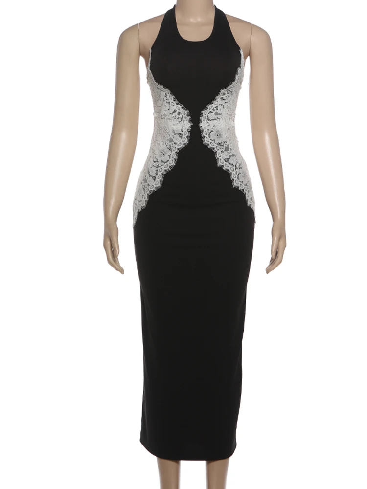 فساتين Kliou الفاخرة الأنيقة الطويلة للنساء رسن منخفض الرقبة بدون ظهر شبكي مرقع عالي الخصر منتصف الليل للحفلات الراقصة فساتين ضيقة #6