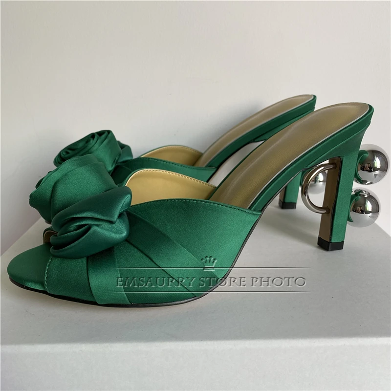 Novelty Strange Heels Modern Sandals Women Luxury Satin Rose Flower Butterfly-Knot Slingbacks Slim Summer Shoes