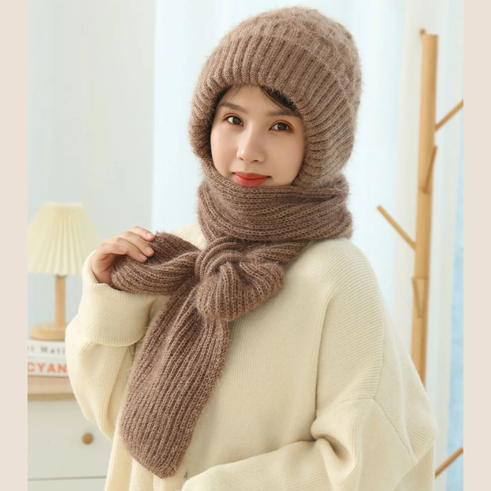 

Knited Hooded Hat Scarf Integrated Ear Windproof Cap Scarf for Woman Girs Winter Outdoor Use